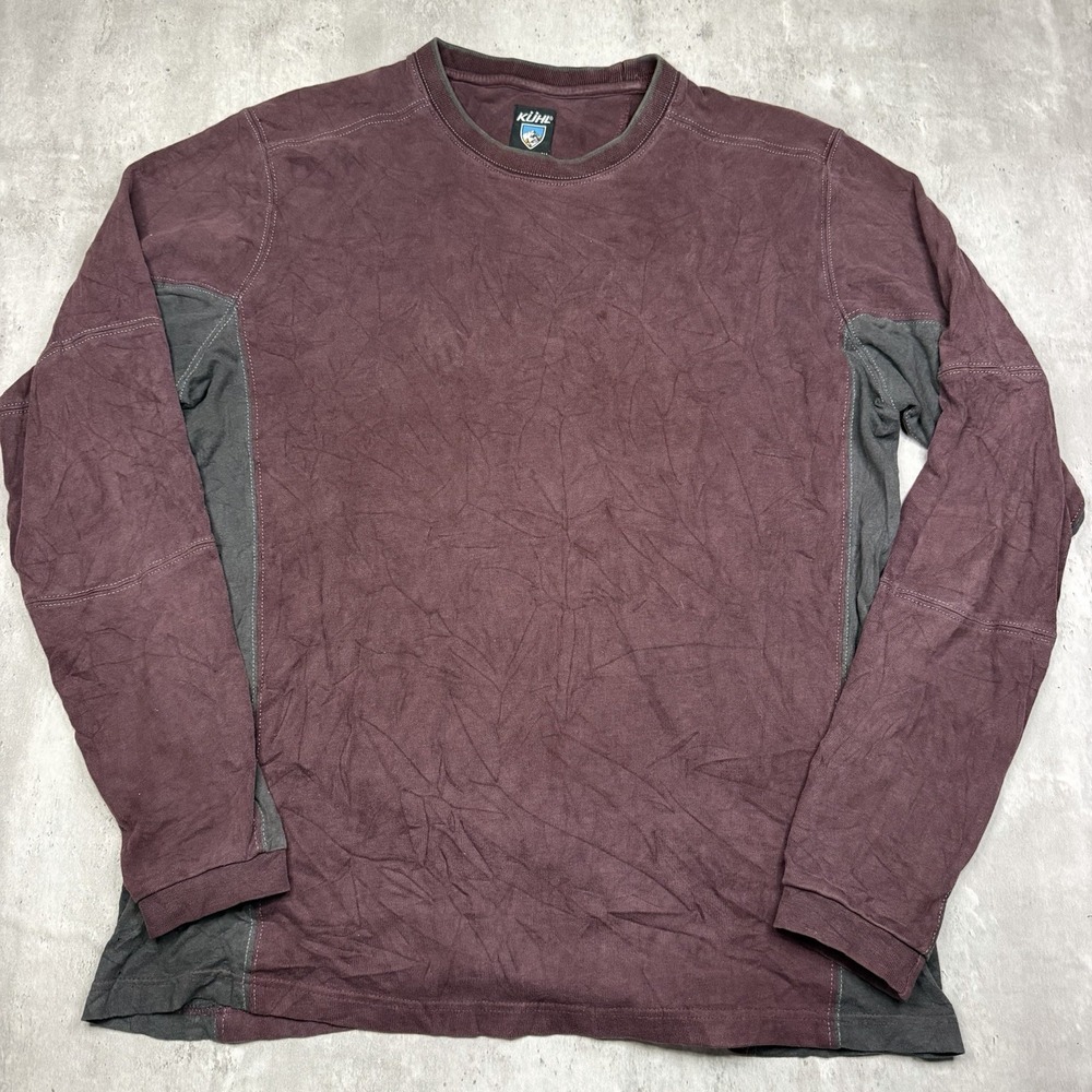 KUHL Mens Large Burgundy Red Gray Long Sleeve Organic Cotton Crewneck Sweater
